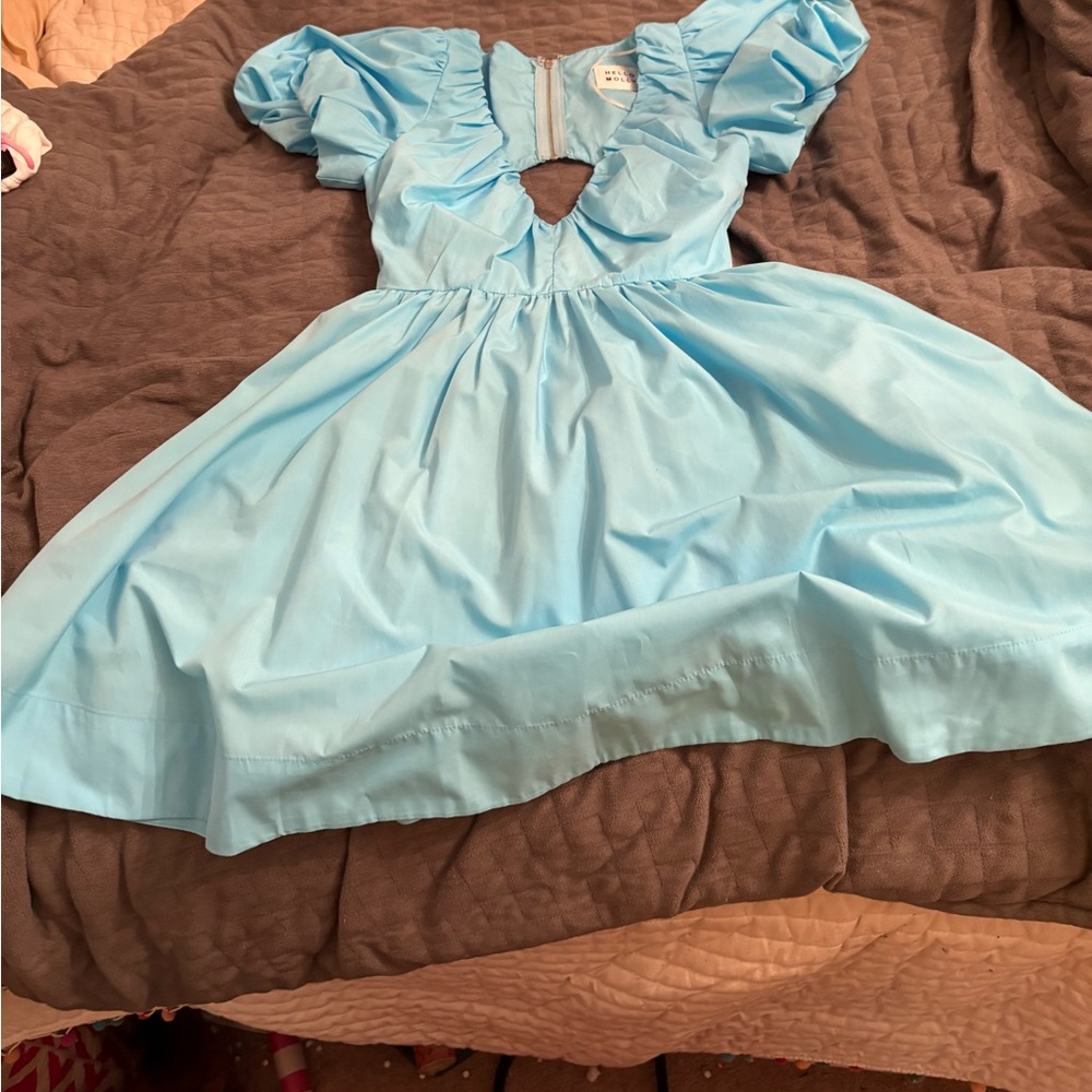 Hello Molly Blue A-line Dress with Cut Out and Puff Sleeves